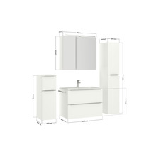 Abbildung eines Badezimmersets mit Waschtischunterschrank, Waschbecken, Spiegelschrank und Hochschrank mit den jeweiligen Maßen.