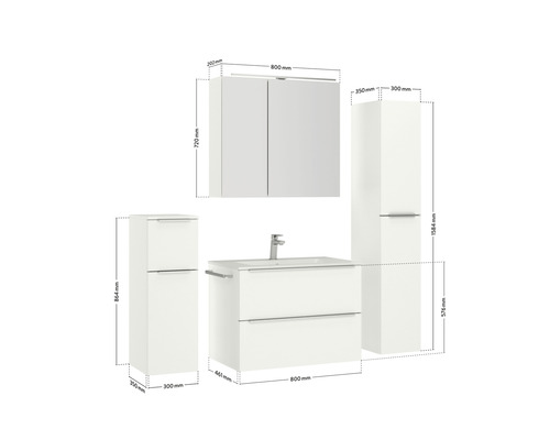 Abbildung eines Badezimmersets mit Waschtischunterschrank, Waschbecken, Spiegelschrank und Hochschrank mit den jeweiligen Maßen.
