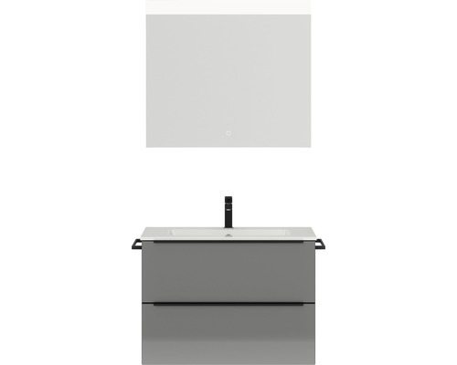Badmöbel-Set NOBILIA Programm 1 BxHxT 81 x 169,1 x 48,7 cm Frontfarbe grau hochglanz mit Möbel-Waschtisch weiß und Spiegel mit LED-Beleuchtung Griffleiste schwarz 053