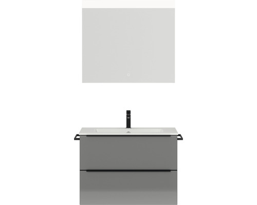 Badmöbel-Set NOBILIA Programm 1 BxHxT 81 x 169,1 x 48,7 cm Frontfarbe grau hochglanz mit Möbel-Waschtisch weiß und Spiegel mit LED-Beleuchtung Griffleiste schwarz 053 Grauer Waschtischunterschrank mit Waschbecken und Spiegel für das Badezimmer