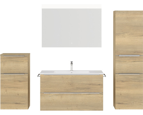Badmöbel-Set NOBILIA Programm 1 BxHxT 210 x 169,1 x 48,7 cm Frontfarbe eiche natur mit Möbel-Waschtisch weiß und Spiegel mit LED-Beleuchtung Midischrank Unterschrank Griffleiste chrom matt 110 Badmöbel-Set NOBILIA Programm 1 BxHxT 210 x 169,1 x 48,7 cm Frontfarbe eiche natur mit Möbel-Waschtisch weiß und Spiegel mit LED-Beleuchtung Midischrank Unterschrank Griffleiste chrom matt 110