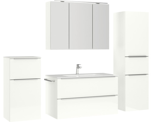 Weißes Badezimmermöbelset mit Waschtisch, Spiegelschrank und Hochschrank