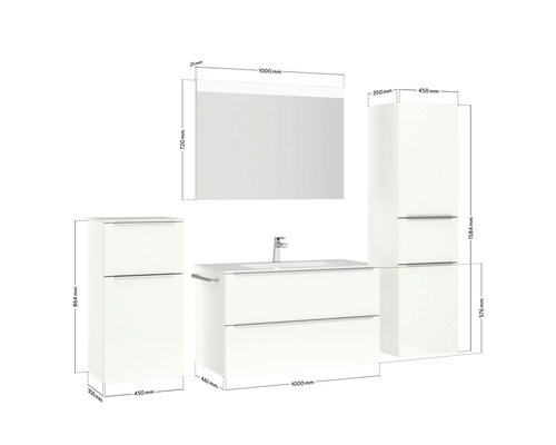 Abbildung eines Badezimmersets mit Waschtisch, Spiegelschrank und Hochschränken mit Maßangaben