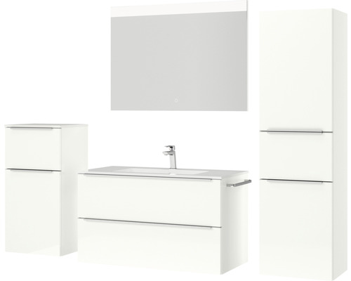 Badezimmerset mit Waschtischunterschrank, Spiegelschrank und Hochschrank