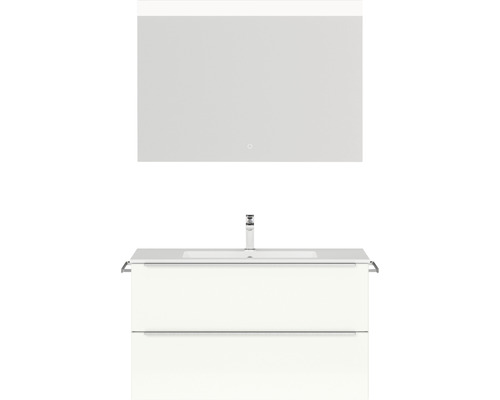 Badmöbel-Set NOBILIA Programm 1 BxHxT 101 x 169,1 x 48,7 cm Frontfarbe weiß hochglanz mit Möbel-Waschtisch weiß und Spiegel mit LED-Beleuchtung Griffleiste chrom matt 090
