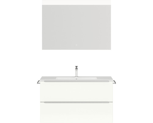 Badmöbel-Set NOBILIA Programm 1 BxHxT 101 x 169,1 x 48,7 cm Frontfarbe weiß hochglanz mit Möbel-Waschtisch weiß und Spiegel mit LED-Beleuchtung Griffleiste chrom matt 090 Badezimmermöbel-Set mit Unterschrank, Waschbecken und beleuchtetem Spiegel
