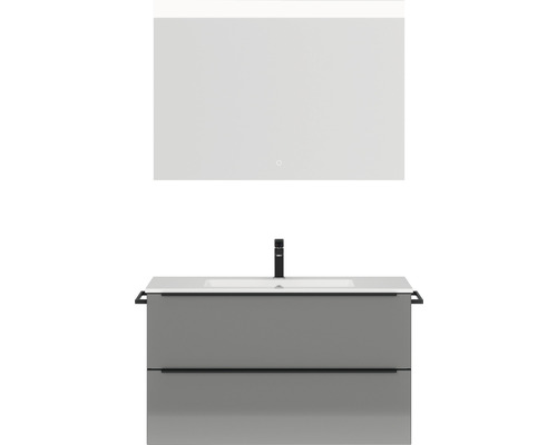 Badmöbel-Set NOBILIA Programm 1 BxHxT 101 x 169,1 x 48,7 cm Frontfarbe grau hochglanz mit Möbel-Waschtisch weiß und Spiegel mit LED-Beleuchtung Griffleiste schwarz 093