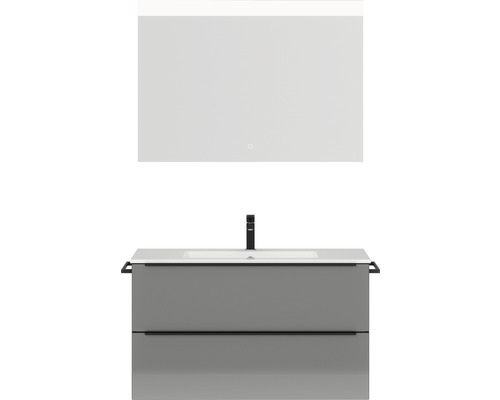 Badmöbel-Set NOBILIA Programm 1 BxHxT 101 x 169,1 x 48,7 cm Frontfarbe grau hochglanz mit Möbel-Waschtisch weiß und Spiegel mit LED-Beleuchtung Griffleiste schwarz 093 Badezimmerset mit Waschtischunterschrank, Waschbecken und Spiegel