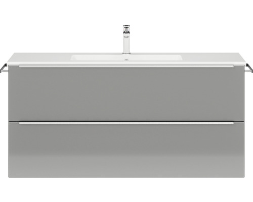 Badmöbel-Set NOBILIA Programm 1 BxHxT 121 x 59,1 x 48,7 cm Frontfarbe grau hochglanz mit Möbel-Waschtisch Griffleiste chrom matt 124