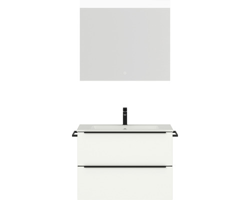 Badmöbel-Set NOBILIA Programm 1 BxHxT 81 x 169,1 x 48,7 cm Frontfarbe weiß matt mit Möbel-Waschtisch weiß und Spiegel mit LED-Beleuchtung Griffleiste schwarz 049