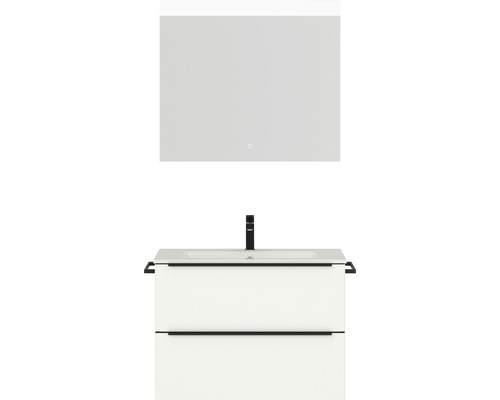 Badmöbel-Set NOBILIA Programm 1 BxHxT 81 x 169,1 x 48,7 cm Frontfarbe weiß matt mit Möbel-Waschtisch weiß und Spiegel mit LED-Beleuchtung Griffleiste schwarz 049 Waschtisch mit Spiegel für Badezimmer