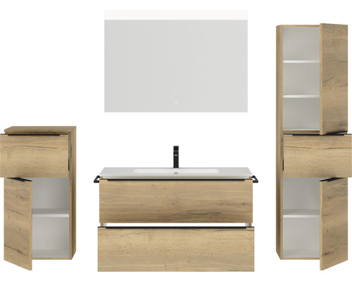 Badezimmer Set mit Waschtisch, Spiegelschrank und Hochschrank in Holzoptik