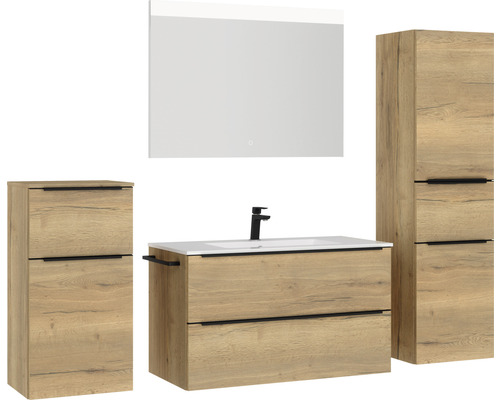 Komplettes Badezimmerset mit Waschtisch, Spiegelschrank und Hochschrank in Holzoptik