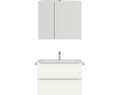 Badmöbel-Set NOBILIA Programm 1 BxHxT 81 x 169,1 x 48,7 cm Frontfarbe weiß matt mit Möbel-Waschtisch und Spiegelschrank 2-türig mit LED-Beleuchtung Griffleiste chrom matt 056 Weißer Waschtisch mit zwei Schubladen und Spiegelschrank