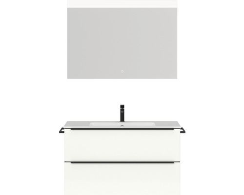 Badmöbel-Set NOBILIA Programm 1 BxHxT 101 x 169,1 x 48,7 cm Frontfarbe weiß hochglanz mit Möbel-Waschtisch weiß und Spiegel mit LED-Beleuchtung Griffleiste schwarz 091