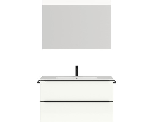 Badmöbel-Set NOBILIA Programm 1 BxHxT 101 x 169,1 x 48,7 cm Frontfarbe weiß hochglanz mit Möbel-Waschtisch weiß und Spiegel mit LED-Beleuchtung Griffleiste schwarz 091 Waschtisch mit Spiegel für das Badezimmer