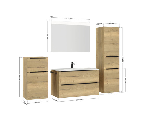 Badezimmer-Set mit Waschtisch, Spiegelschrank und Seitenschrank mit Maßangaben