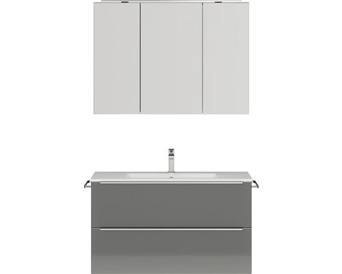 Badmöbel-Set NOBILIA Programm 1 BxHxT 101 x 169,1 x 48,7 cm Frontfarbe grau hochglanz mit Möbel-Waschtisch und Spiegelschrank 3-türig mit LED-Beleuchtung Griffleiste chrom matt 100 Badmöbel-Set NOBILIA Programm 1 BxHxT 101 x 169,1 x 48,7 cm Frontfarbe grau hochglanz mit Möbel-Waschtisch und Spiegelschrank 3-türig mit LED-Beleuchtung Griffleiste chrom matt 100
