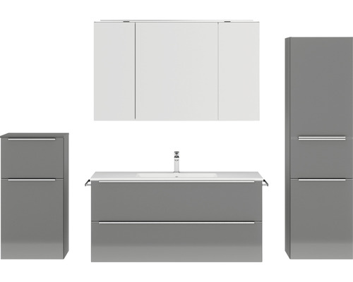 Badmöbel-Set NOBILIA Programm 1 BxHxT 230 x 169,1 x 48,7 cm Frontfarbe grau hochglanz mit Möbel-Waschtisch und Spiegelschrank 3-türig mit LED-Beleuchtung Unterschrank Midischrank Griffleiste chrom matt 156 Badezimmermöbelset mit Waschtisch, Spiegelschrank und Hochschränken