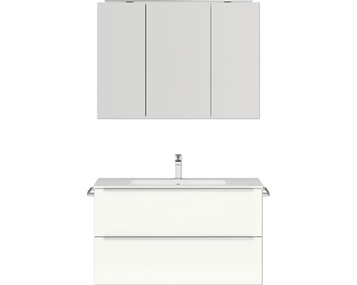 Badmöbel-Set NOBILIA Programm 1 BxHxT 101 x 169,1 x 48,7 cm Frontfarbe weiß hochglanz mit Möbel-Waschtisch und Spiegelschrank 3-türig mit LED-Beleuchtung Griffleiste chrom matt 098 Badmöbel-Set NOBILIA Programm 1 BxHxT 101 x 169,1 x 48,7 cm Frontfarbe weiß hochglanz mit Möbel-Waschtisch und Spiegelschrank 3-türig mit LED-Beleuchtung Griffleiste chrom matt 098
