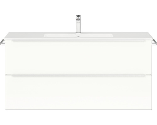Badmöbel-Set NOBILIA Programm 1 BxHxT 121 x 59,1 x 48,7 cm Frontfarbe weiß hochglanz mit Möbel-Waschtisch Griffleiste chrom matt 122 Waschtischunterschrank mit zwei Schubladen, Waschbecken und Armatur