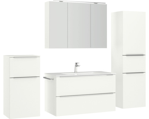 Weißes Badezimmermöbel-Set mit Waschtisch, Spiegelschrank und Hochschrank für ein helles und organisiertes Badezimmer