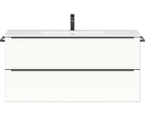 Badmöbel-Set NOBILIA Programm 1 123 BxHxT 121 x 59,1 x 48,7 cm Frontfarbe weiß hochglanz mit Möbel-Waschtisch Griffleiste schwarz 123 Waschtischunterschrank mit zwei Schubladen, Waschtisch und Armatur