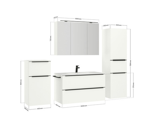 Badezimmerensemble mit Waschtischunterschrank, Seitenschrank und Spiegelschrank mit Größenangaben
