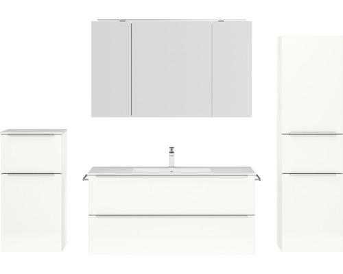 Badmöbel-Set NOBILIA Programm 1 BxHxT 230 x 169,1 x 48,7 cm Frontfarbe weiß hochglanz mit Möbel-Waschtisch und Spiegelschrank 3-türig mit LED-Beleuchtung Unterschrank Midischrank Griffleiste chrom matt 154 Badezimmer-Set mit Waschtisch, Spiegelschrank und Seitenschränken