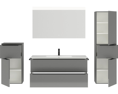 Badezimmerensemble mit Waschtischunterschrank, Waschtisch, Spiegelschrank und Hochschrank