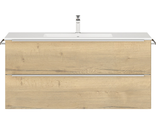 Badmöbel-Set NOBILIA Programm 1 BxHxT 121 x 59,1 x 48,7 cm Frontfarbe eiche natur mit Möbel-Waschtisch weiß Griffleiste chrom matt 126 Waschtisch mit zwei Schubladen und Armatur