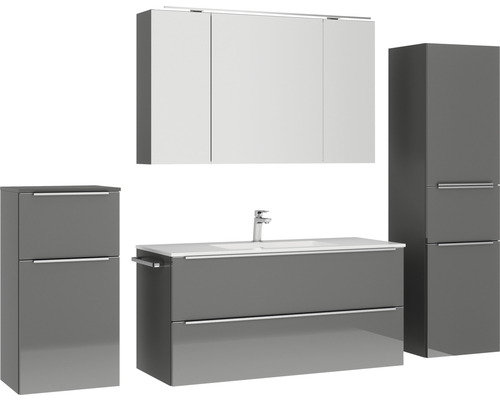 Komplette Badezimmereinrichtung mit Waschtisch, Spiegelschrank und zwei Hochschränken