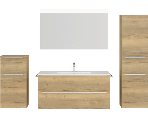 Badmöbel-Set NOBILIA Programm 1 BxHxT 230 x 169,1 x 48,7 cm Frontfarbe eiche natur mit Möbel-Waschtisch weiß und Spiegel mit LED-Beleuchtung Midischrank Unterschrank Griffleiste chrom matt 150 Badezimmermöbel-Set mit Spiegelschrank und Waschtischunterschrank