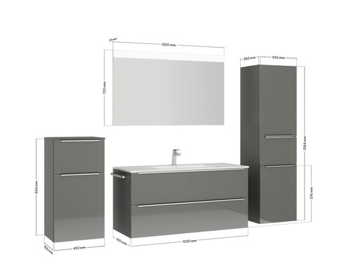 Badezimmermöbelset mit Waschtisch, Spiegelschrank und Hochschränken mit Maßangaben