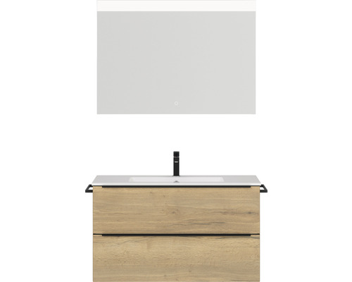 Badmöbel-Set NOBILIA Programm 1 BxHxT 101 x 169,1 x 48,7 cm Frontfarbe eiche natur mit Möbel-Waschtisch weiß und Spiegel mit LED-Beleuchtung Griffleiste schwarz 095
