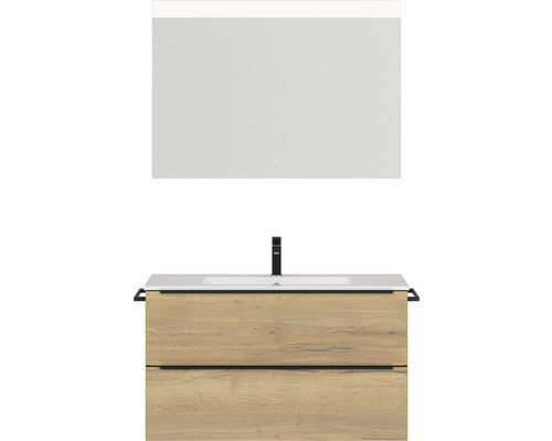 Badmöbel-Set NOBILIA Programm 1 BxHxT 101 x 169,1 x 48,7 cm Frontfarbe eiche natur mit Möbel-Waschtisch weiß und Spiegel mit LED-Beleuchtung Griffleiste schwarz 095 Waschtischkombination mit Spiegel für das Badezimmer