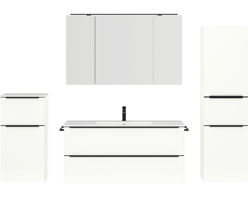 Badmöbel-Set NOBILIA Programm 1 BxHxT 230 x 169,1 x 48,7 cm Frontfarbe weiß hochglanz mit Möbel-Waschtisch und Spiegelschrank 3-türig mit LED-Beleuchtung Unterschrank Midischrank Griffleiste schwarz 155 Badezimmer Set mit Waschtischunterschrank, Waschbecken, Spiegelschrank und Hochschrank