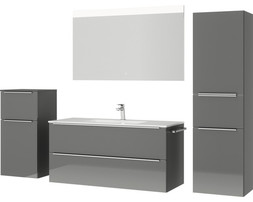 Graues Badezimmerset mit Waschtisch, Spiegelschrank und Hochschrank