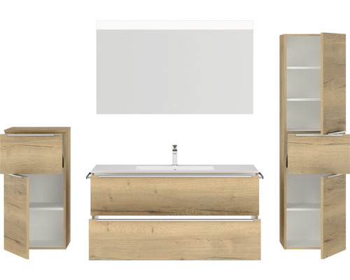 Badezimmermöbel-Set mit Waschbecken, Spiegelschrank und Seitenschränken in Holzoptik