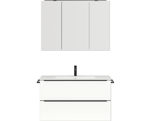 Badmöbel-Set NOBILIA Programm 1 BxHxT 101 x 169,1 x 48,7 cm Frontfarbe weiß hochglanz mit Möbel-Waschtisch und Spiegelschrank 3-türig mit LED-Beleuchtung Griffleiste schwarz 099 Badmöbel-Set NOBILIA Programm 1 BxHxT 101 x 169,1 x 48,7 cm Frontfarbe weiß hochglanz mit Möbel-Waschtisch und Spiegelschrank 3-türig mit LED-Beleuchtung Griffleiste schwarz 099