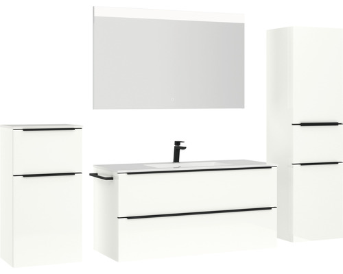 Badezimmergarnitur mit Waschtisch, Unterschrank, Spiegelschrank und Hochschränken