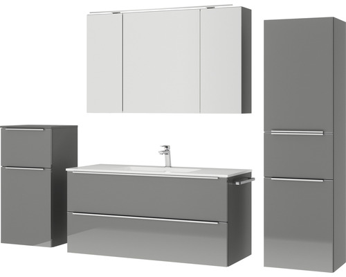Graues Badezimmermöbelset mit Waschtisch, Spiegelschrank und Hochschrank