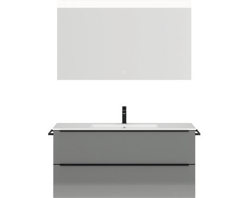 Badmöbel-Set NOBILIA Programm 1 BxHxT 121 x 169,1 x 48,7 cm Frontfarbe grau hochglanz mit Möbel-Waschtisch weiß und Spiegel mit LED-Beleuchtung Griffleiste schwarz 133