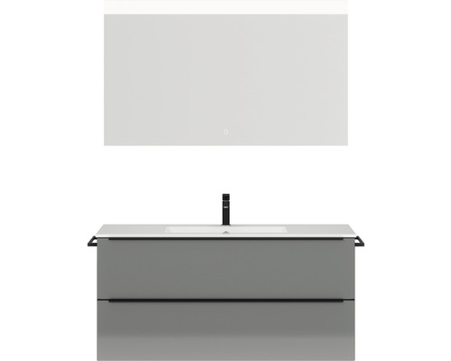Badmöbel-Set NOBILIA Programm 1 BxHxT 121 x 169,1 x 48,7 cm Frontfarbe grau hochglanz mit Möbel-Waschtisch weiß und Spiegel mit LED-Beleuchtung Griffleiste schwarz 133 Waschtisch mit Unterschrank, Waschbecken und Spiegel für das Badezimmer