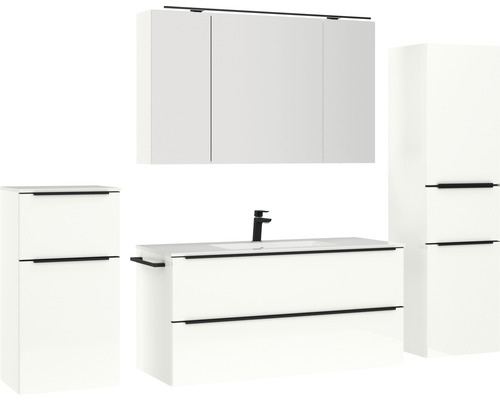 Weißes Badezimmermöbelset mit Waschbeckenunterschrank, Hochschrank und Spiegelschrank