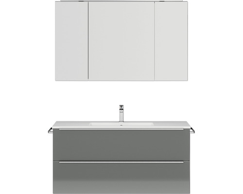 Badmöbel-Set NOBILIA Programm 1 BxHxT 121 x 169,1 x 48,7 cm Frontfarbe grau hochglanz mit Möbel-Waschtisch und Spiegelschrank 3-türig mit LED-Beleuchtung Griffleiste chrom matt 140