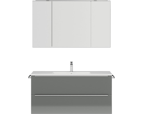 Badmöbel-Set NOBILIA Programm 1 BxHxT 121 x 169,1 x 48,7 cm Frontfarbe grau hochglanz mit Möbel-Waschtisch und Spiegelschrank 3-türig mit LED-Beleuchtung Griffleiste chrom matt 140 Waschtisch mit Unterschrank und Spiegelschrank für das Badezimmer