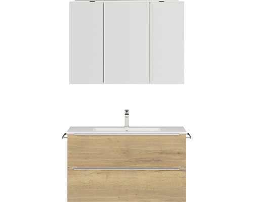 Badmöbel-Set NOBILIA Programm 1 BxHxT 101 x 169,1 x 48,7 cm Frontfarbe eiche natur mit Möbel-Waschtisch und Spiegelschrank 3-türig mit LED-Beleuchtung Griffleiste chrom matt 102 Badmöbel-Set NOBILIA Programm 1 BxHxT 101 x 169,1 x 48,7 cm Frontfarbe eiche natur mit Möbel-Waschtisch und Spiegelschrank 3-türig mit LED-Beleuchtung Griffleiste chrom matt 102