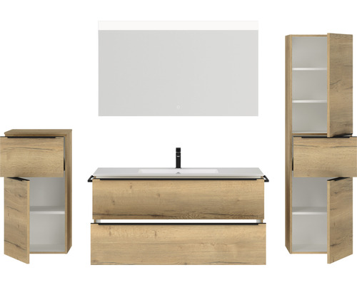 Badezimmergarnitur mit Waschtisch, Spiegelschrank und Hochschränken in Holzoptik