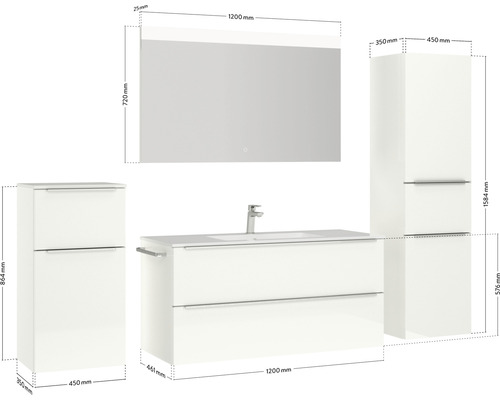 Badezimmer Set mit Waschtischunterschrank, Waschbecken, Spiegelschrank und Hochschrank